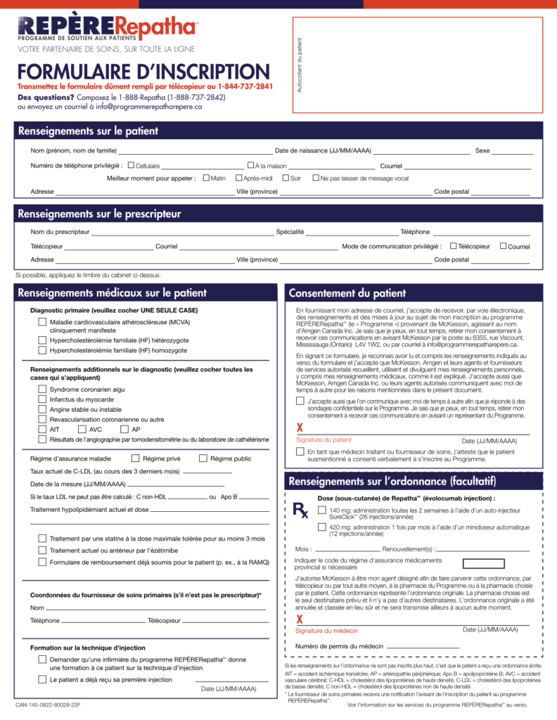 Repatha Evolocumab PSP Formulaire Dinscription 2023 World EMR