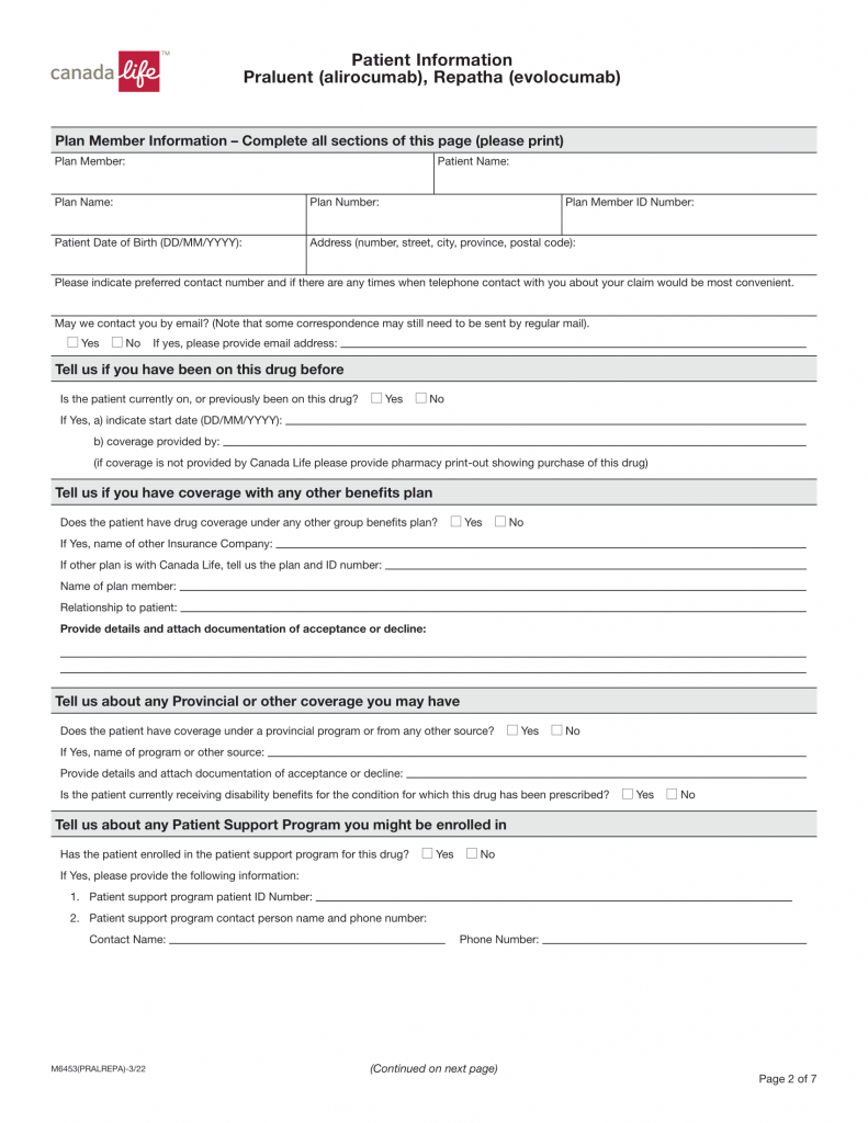 Repatha (evolocumab) Canada Life Insurance Form 03-22 - World EMR