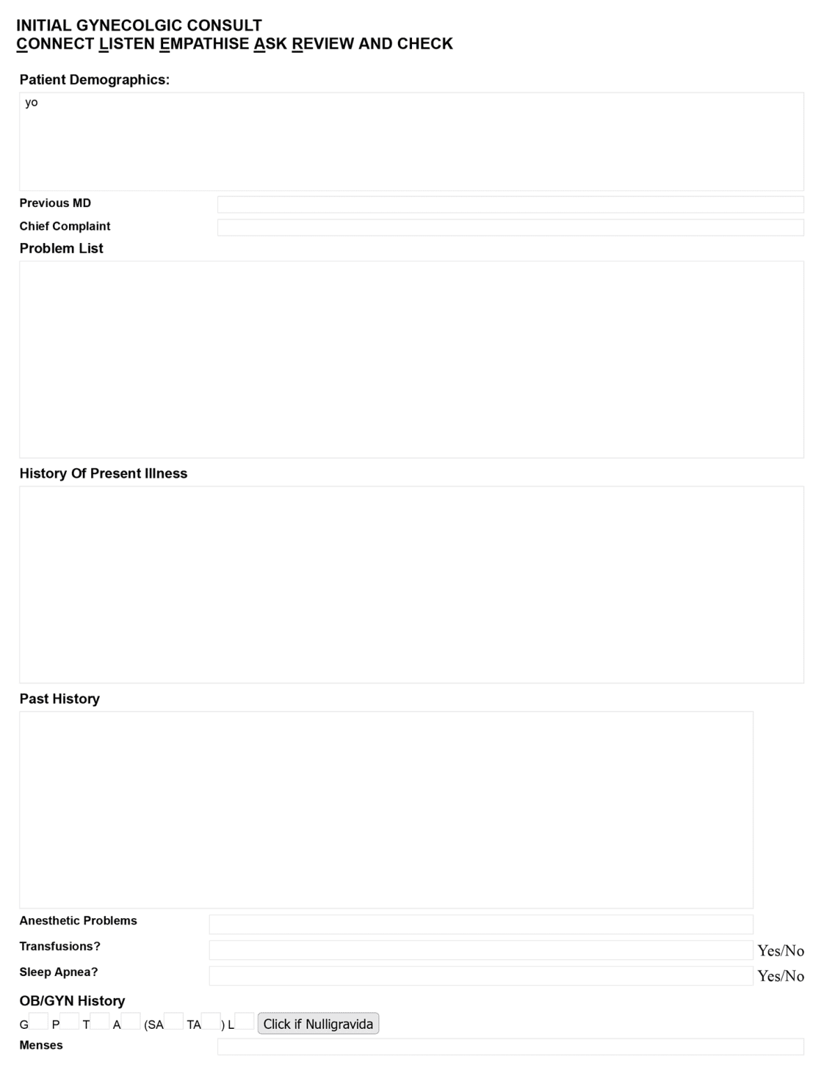 Example of an initial Gynecology intake eForm - World EMR
