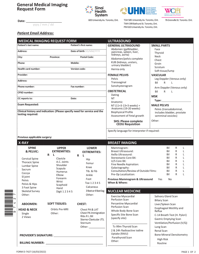 UHN General Medical Imaging Request Form GTA Toronto - World EMR