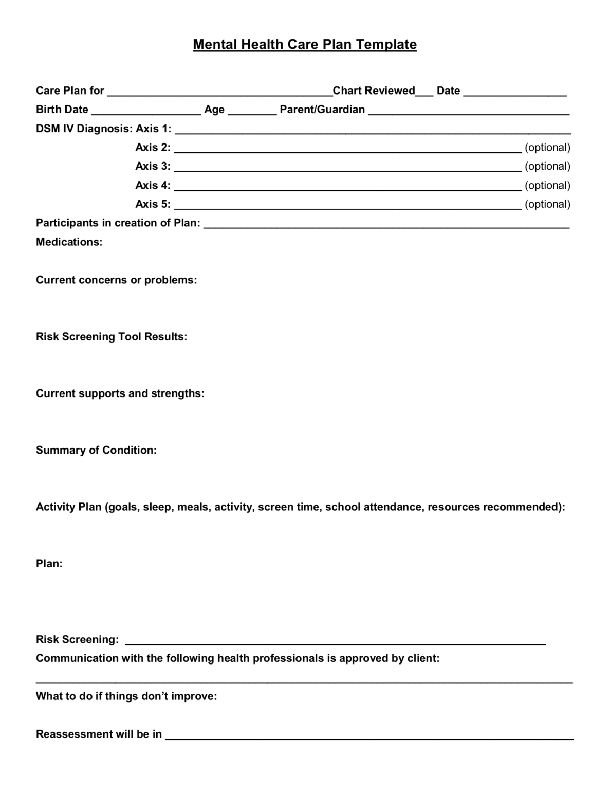 DSM IV Mental Health Care Plan Template World EMR
