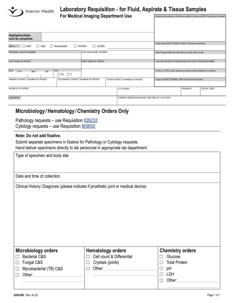 Interior Health Laboratory Requisition for Fluid, Aspirate & Tissue