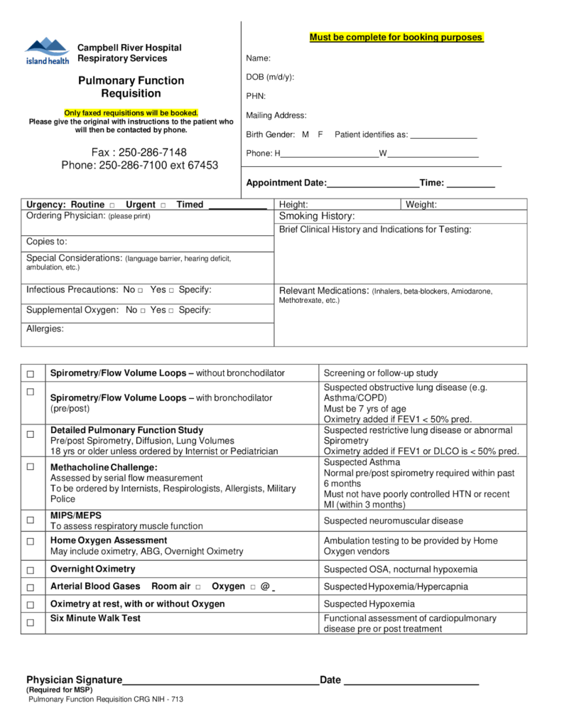 Pulmonary Functions Testing requisition for Campbell River Hospital ...