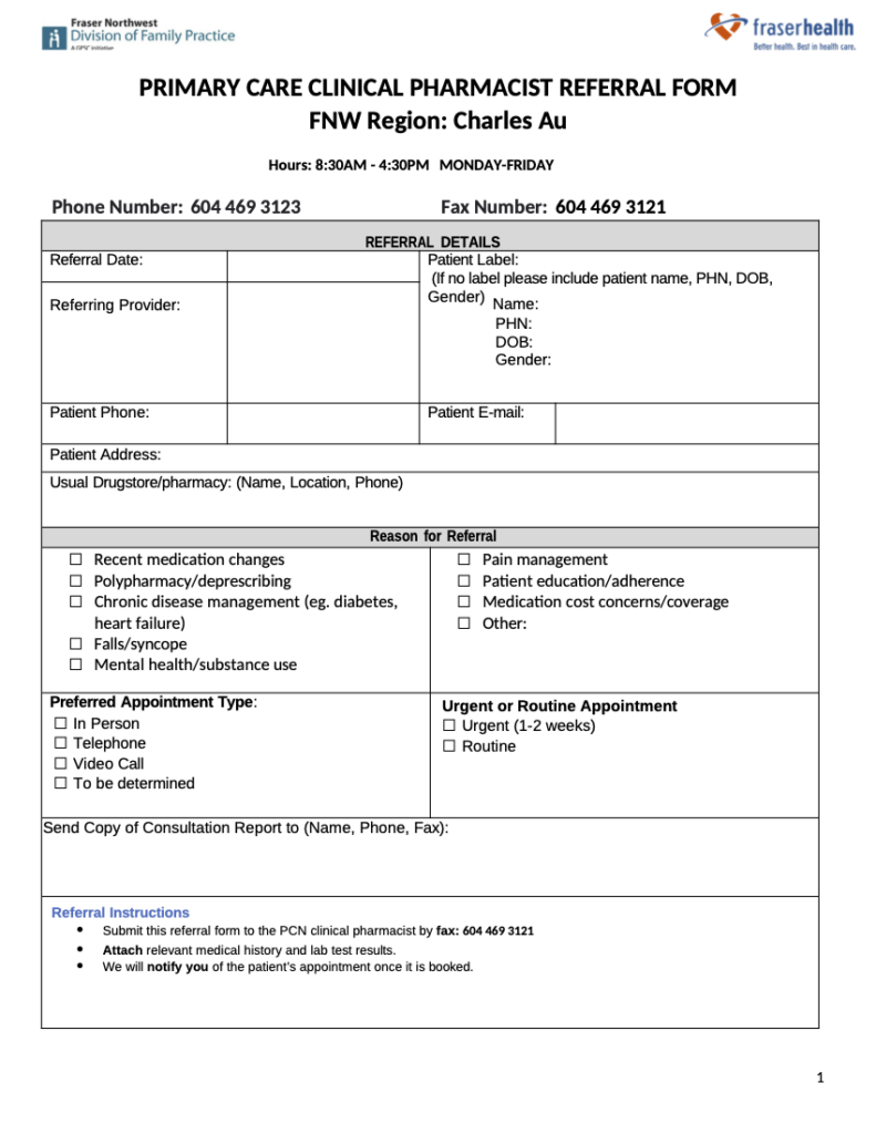 Primary Care Clinical Pharmacist Referral eForm FNW Region - World EMR