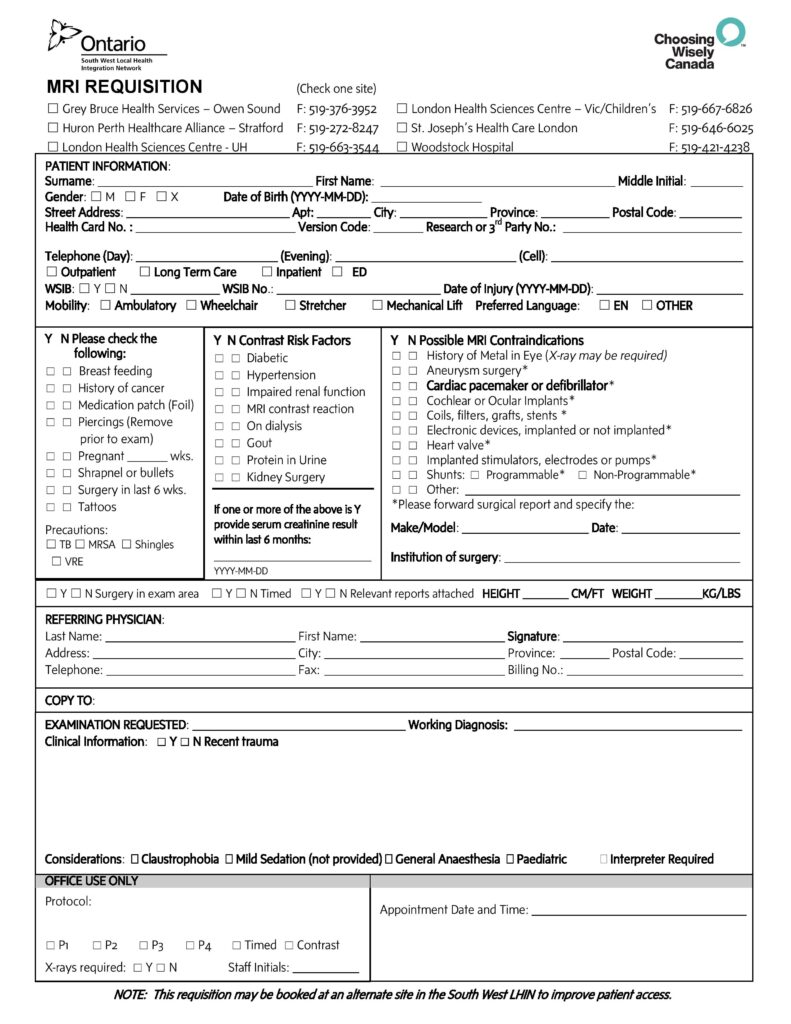 MRI Requisition South West LHIN - World EMR