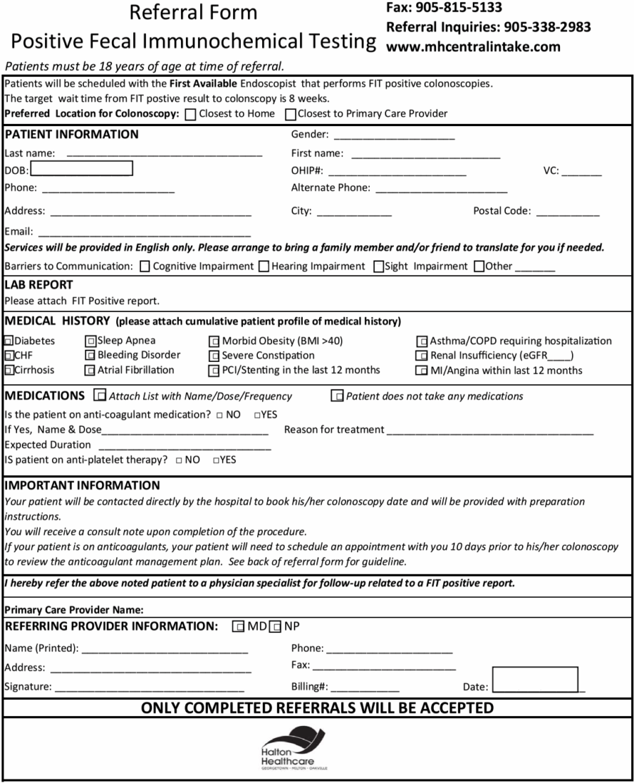 Colonoscopy (FIT +) referral Oakville Ontario 2019