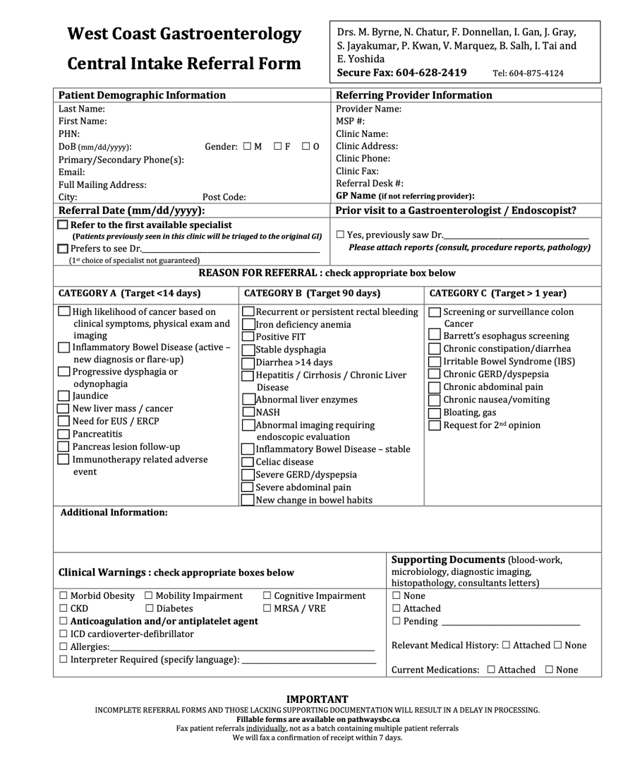West Coast Gastroenterology Central Intake Referral eForm Nov27, 2020