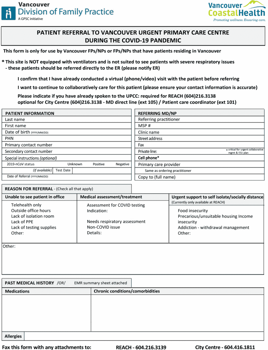 VCH Referral to Urgent Primary Care Centre COVID-19