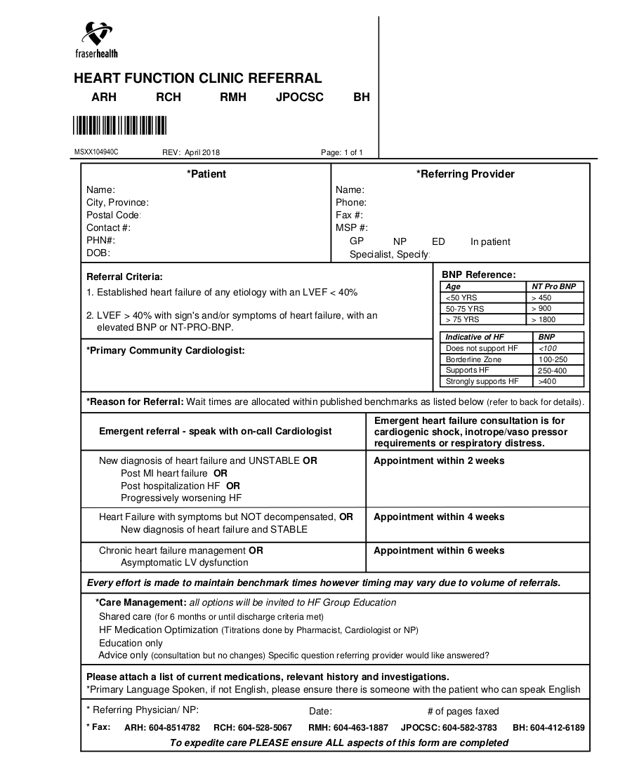 Fraser Health Heart Function Clinic Referral 2019
