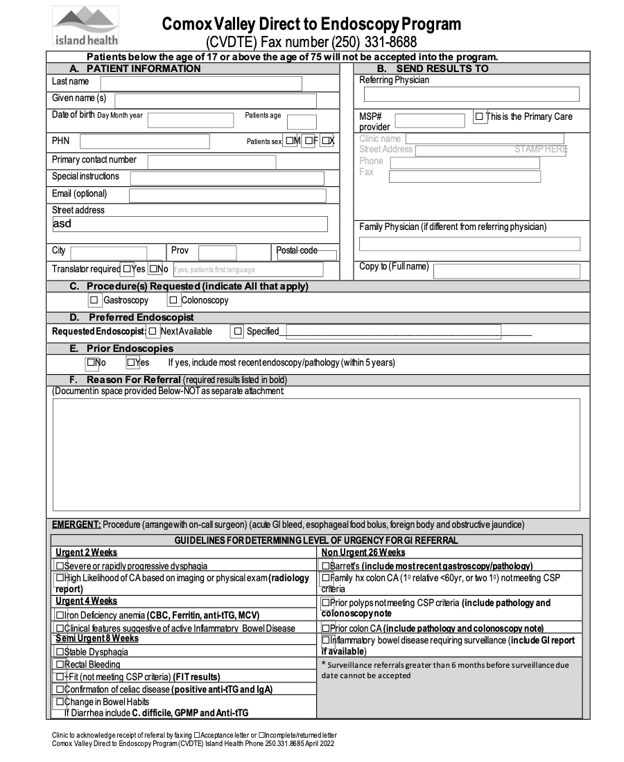 Comox Valley Direct to Endoscopy Program eForm