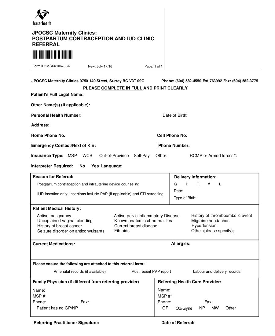 Postpartum contraception and IUD clinic eform JPOCSC