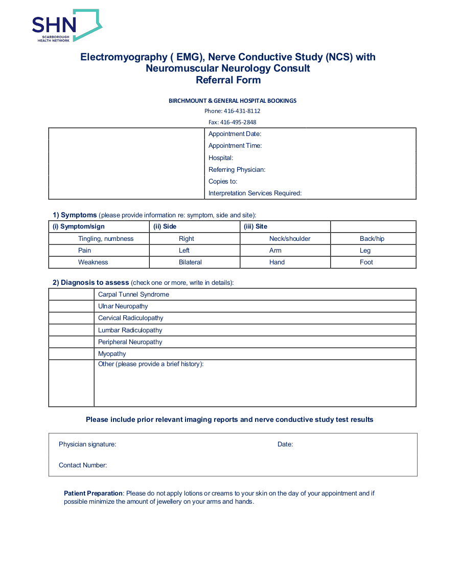 Scarborough Health Network ( SHN ) EMG NCS Referral