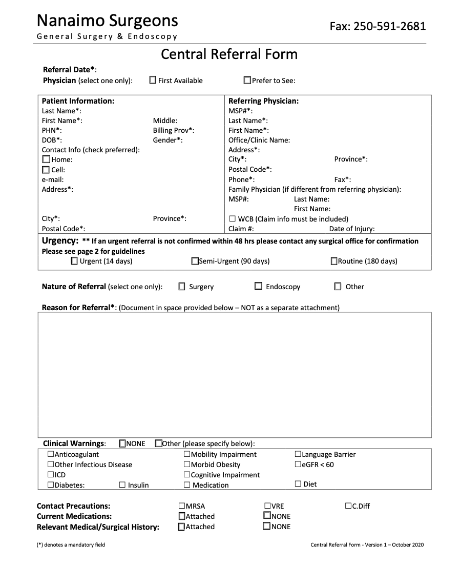 Nanaimo General Surgery and Endoscopy referral eForm 2020