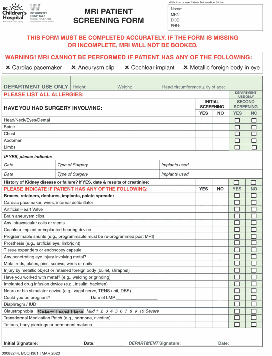 BC Children's Hospital MRI Screening Form