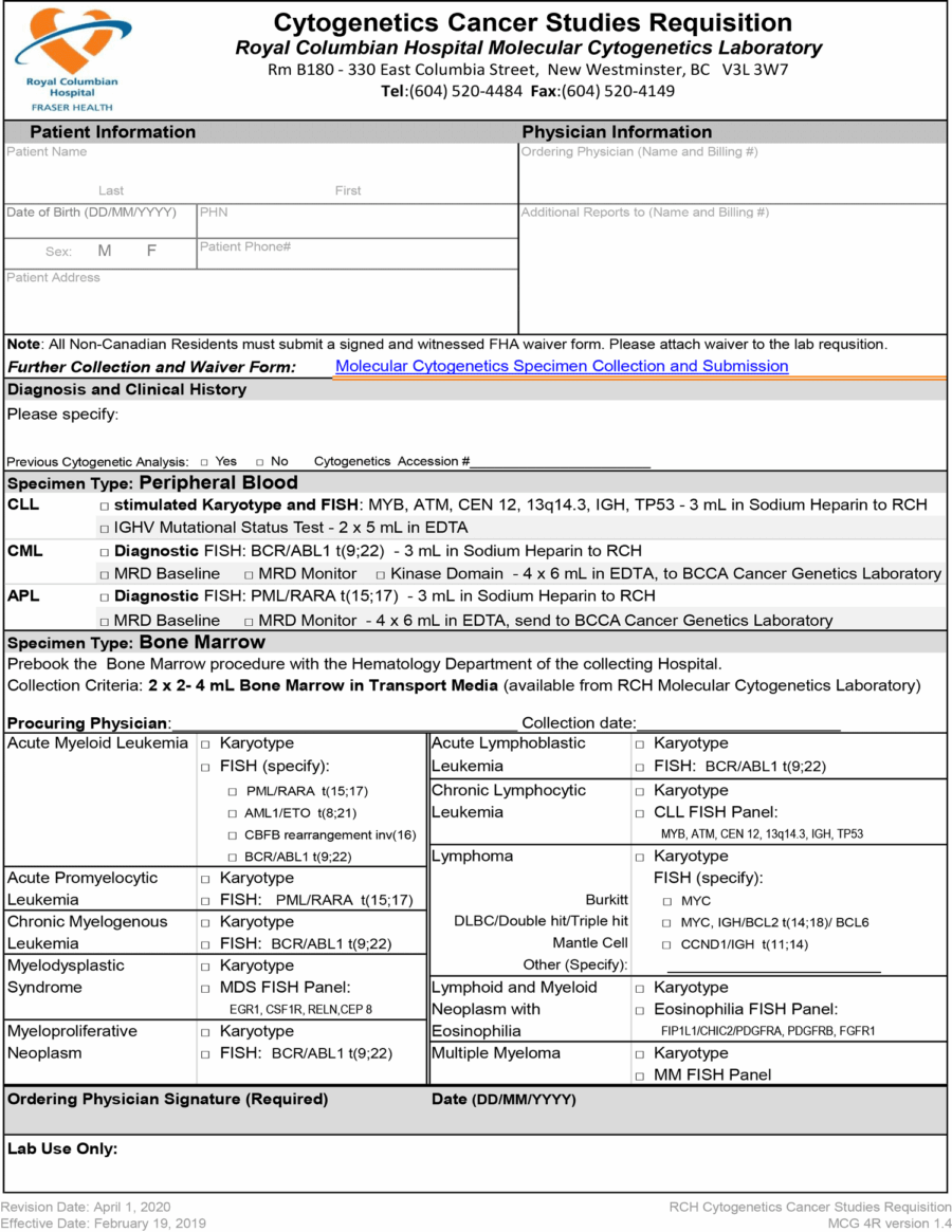 RCH Cytogenetics Cancer Studies Requisition 2020