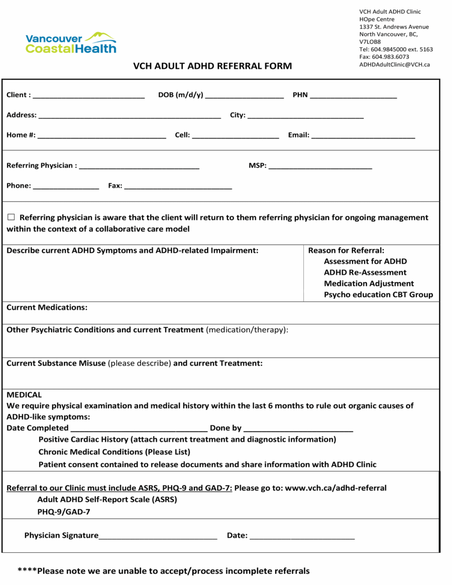 VCH Adult ADHD Referral eForm