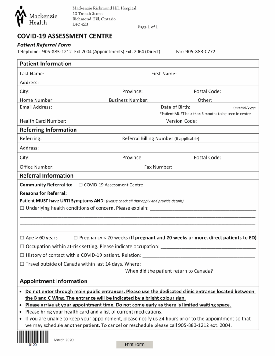 Mackenzie Health COVID-19 Assessment Centre Referral eForm