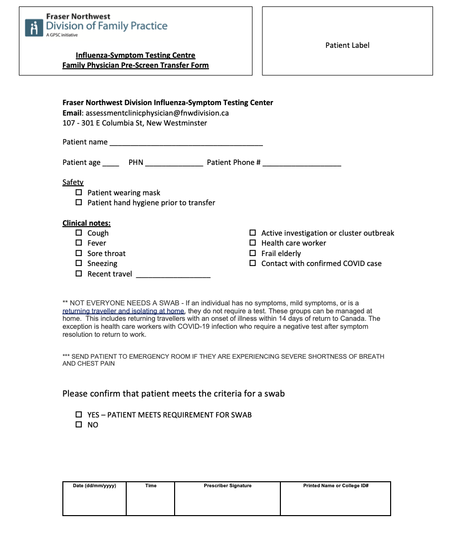 Fraser NW DoFP Influenza Sx Testing Centre