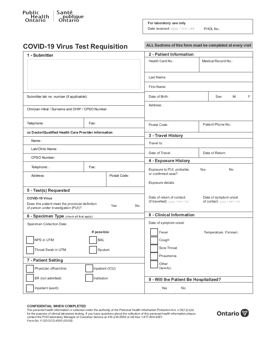 Public Health Ontario COVID-19 Virus Test Requisition