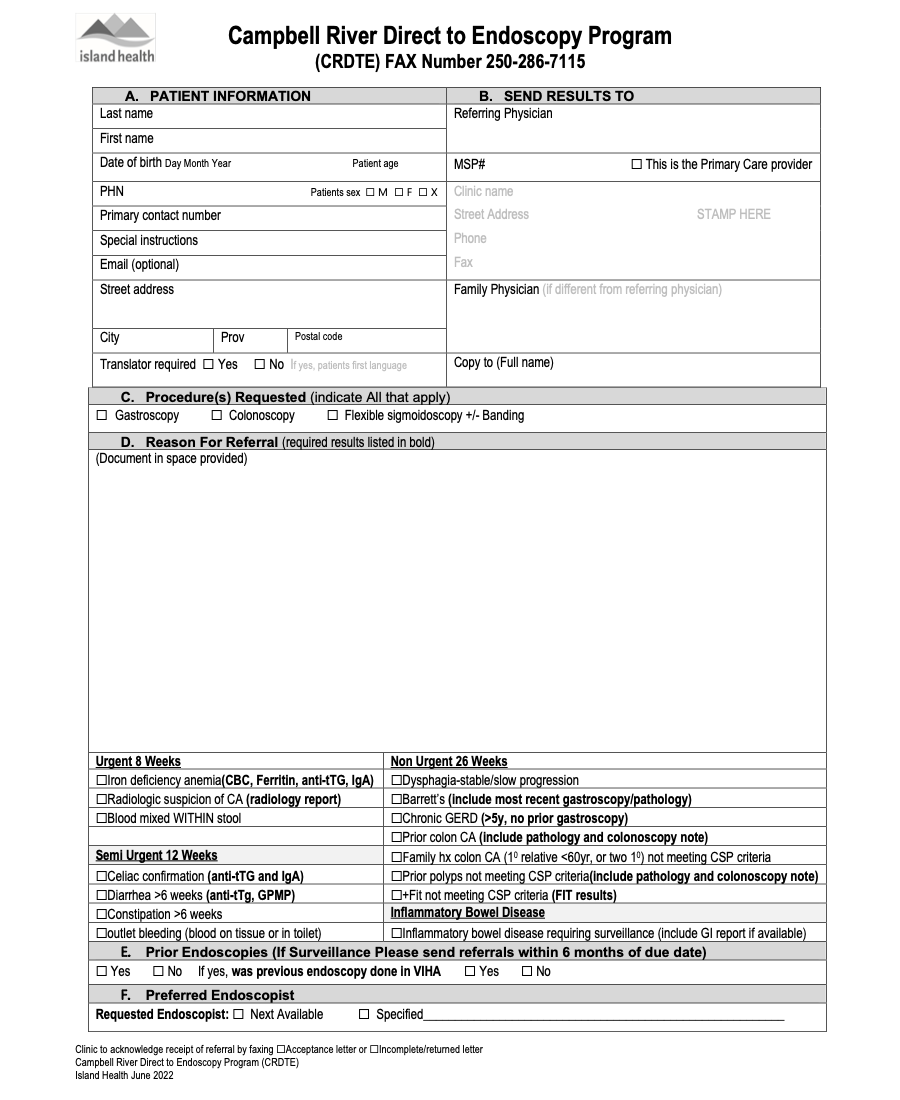 Campbell River Direct to Endoscopy Program eForm