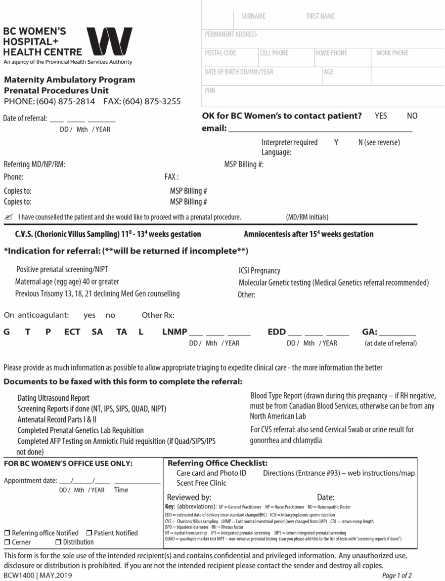 BCWH Prenatal Procedures referral eForm May2019