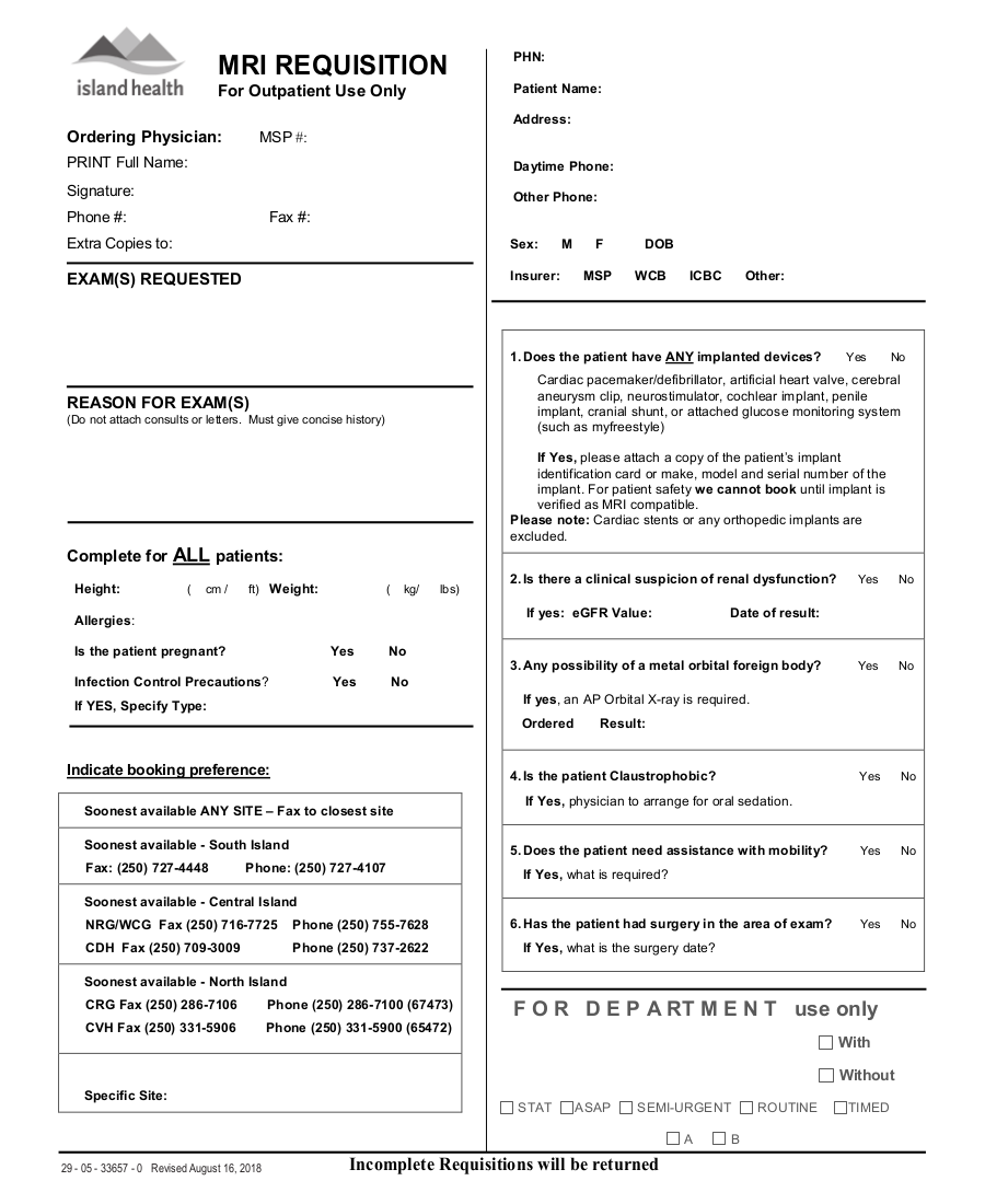 Island Health MRI Requisition