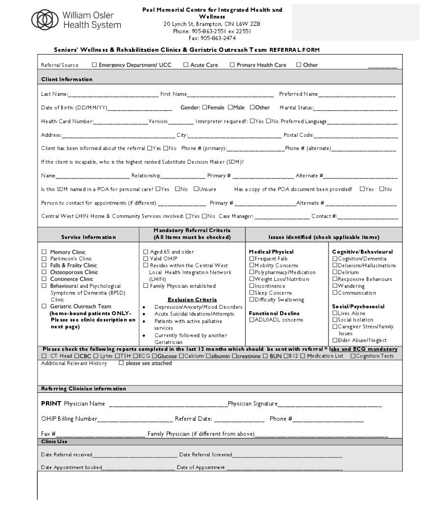 William Osler Health System ( WOHS ) Seniors Wellness and Rehab Clinics Referral eForm