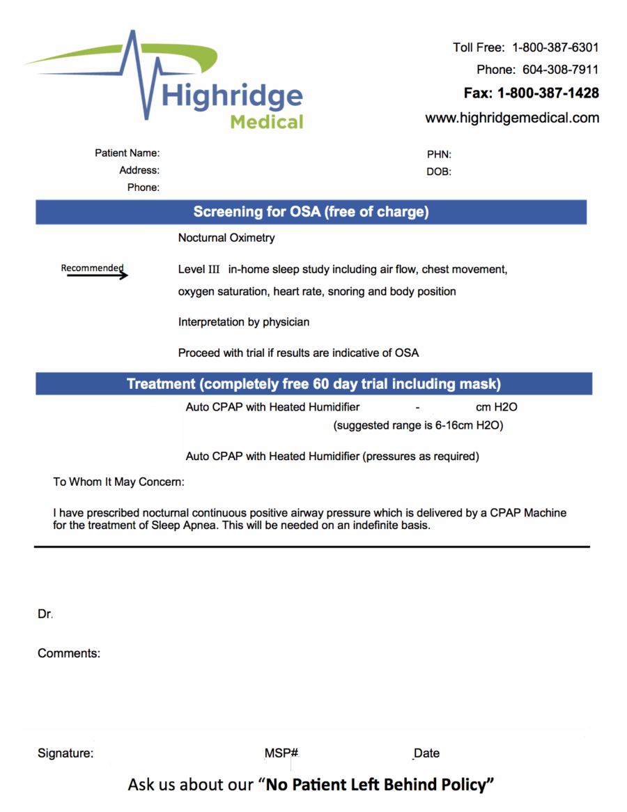 Highridge Medical Sleep Apnea Oxygen referral 2018