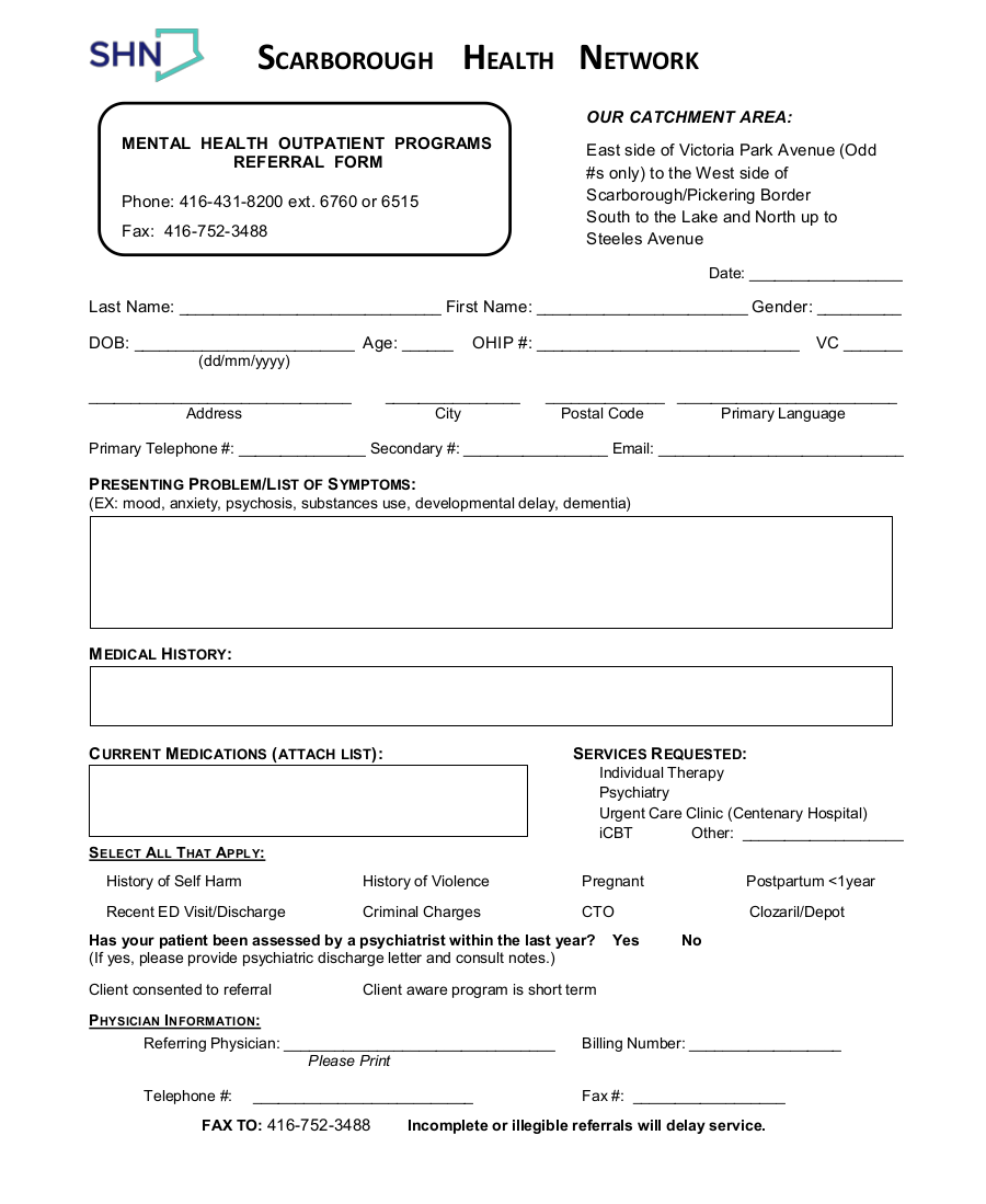 Scarborough Health Network ( SHN ) Mental Health Outpatient Referral