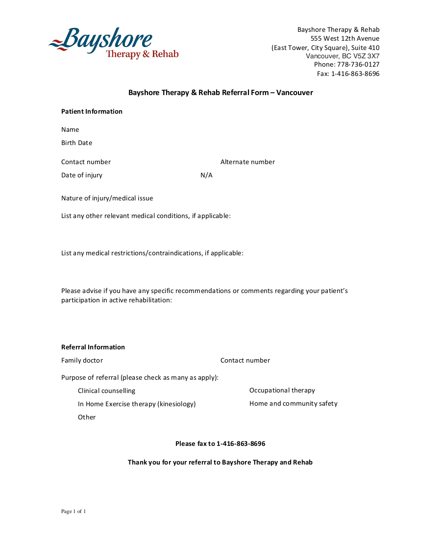 Bayshore Therapy and Rehab Vancouver eForm 2019