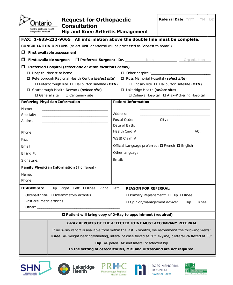 Request for Orthopaedic Consultation Hip and Knee Arthritis Management Ontario