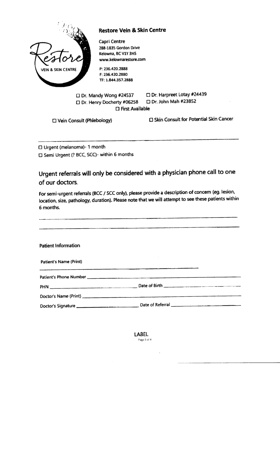 Restore Vein and Skin Centre referral eForm 2018