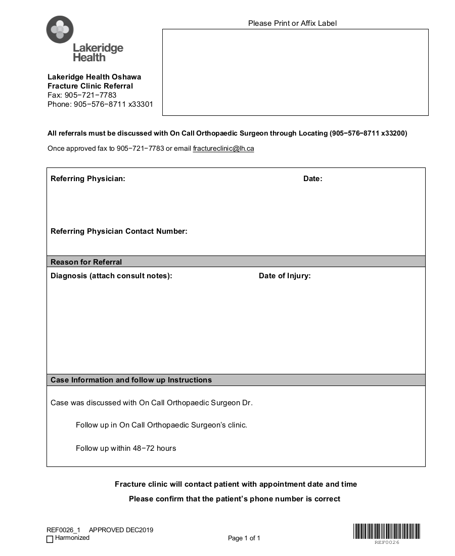 Lakeridge Health Fracture Clinic Referral Oshawa