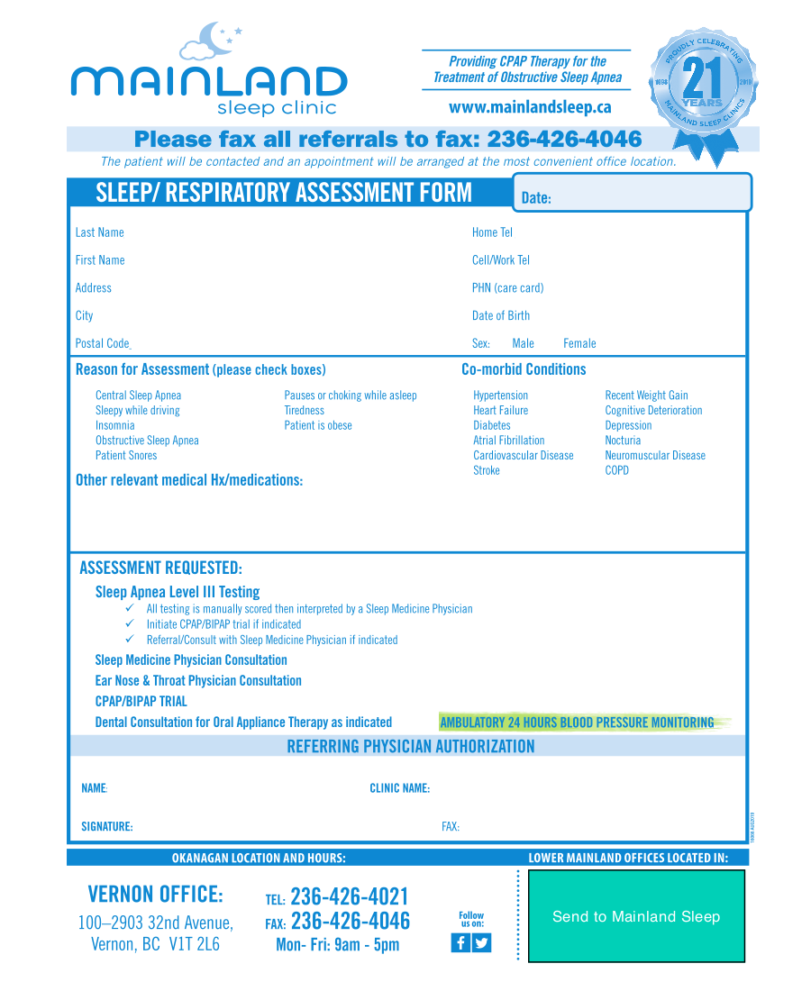 Mainland Sleep Clinic eForm 2019 Vernon Office
