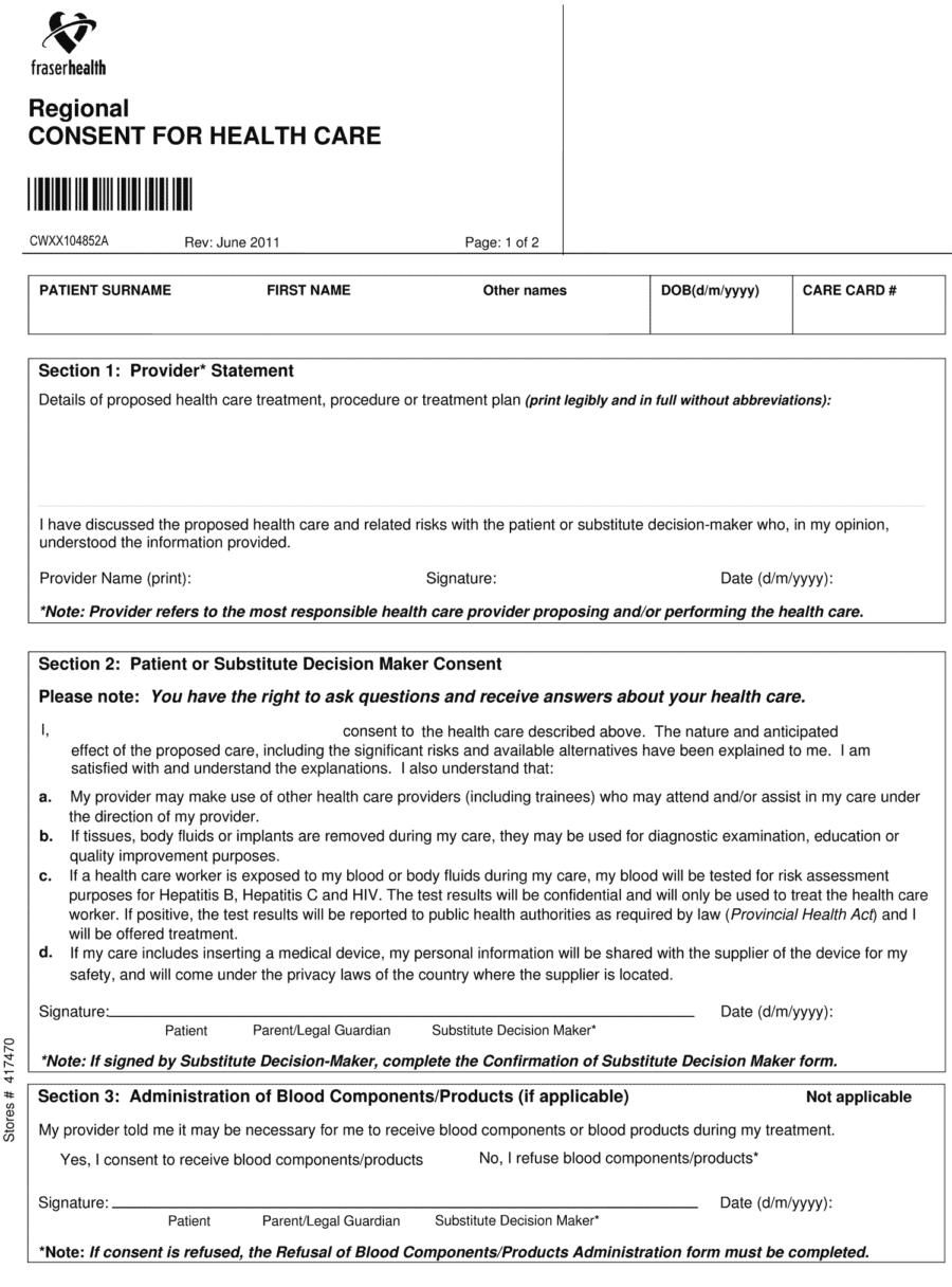 Fraser Health Consent for Procedures and Transfusions Page 1