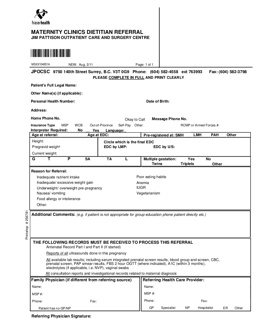 Maternity Clinics Dietitian Referral form