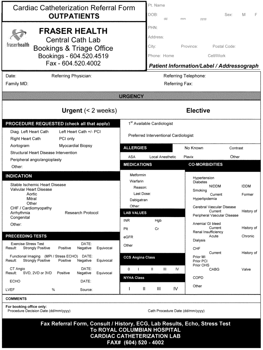 Fraser Health Central Cath Lab Booking 2018