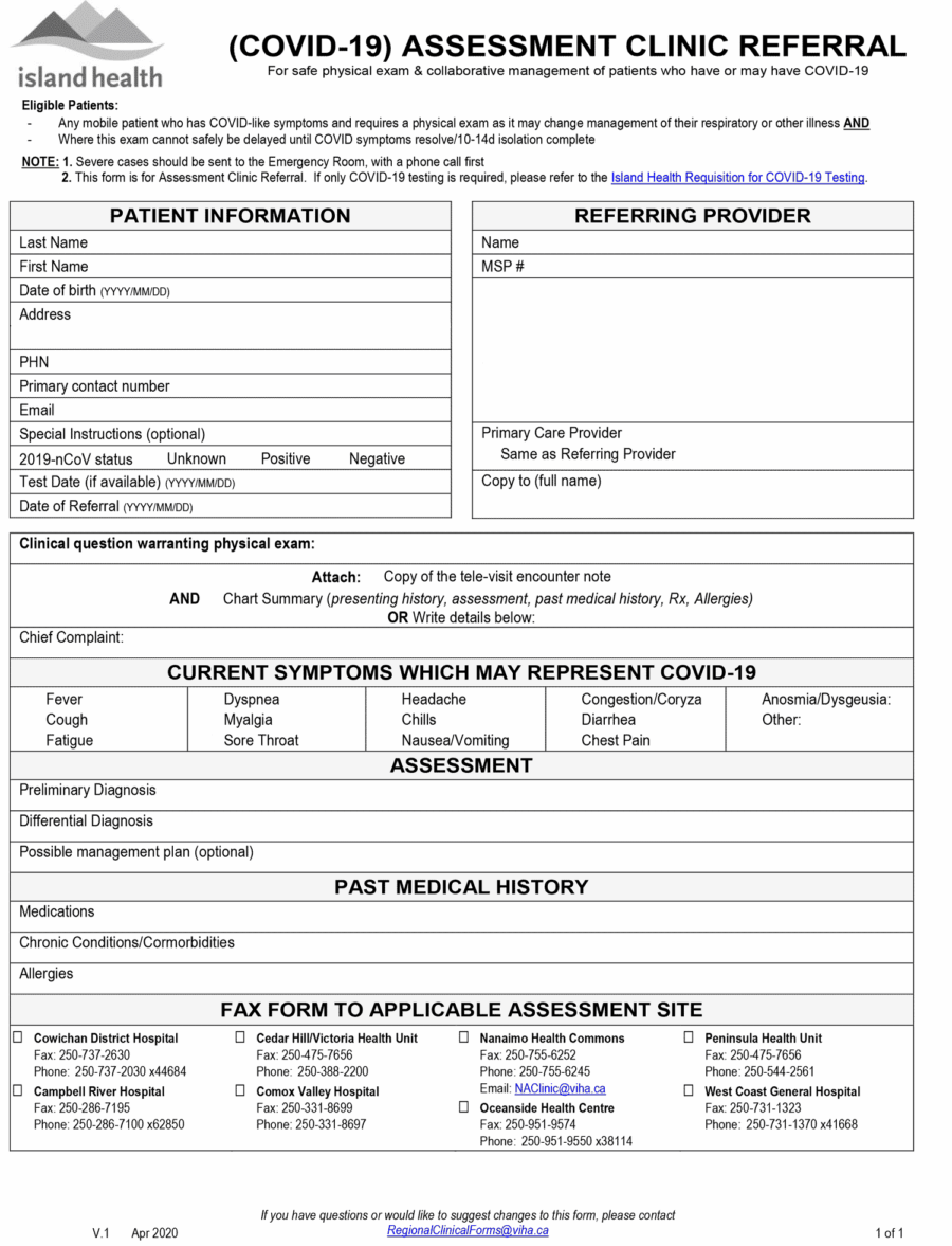 COVID-19 Assessment Clinic referral eForm VIHA