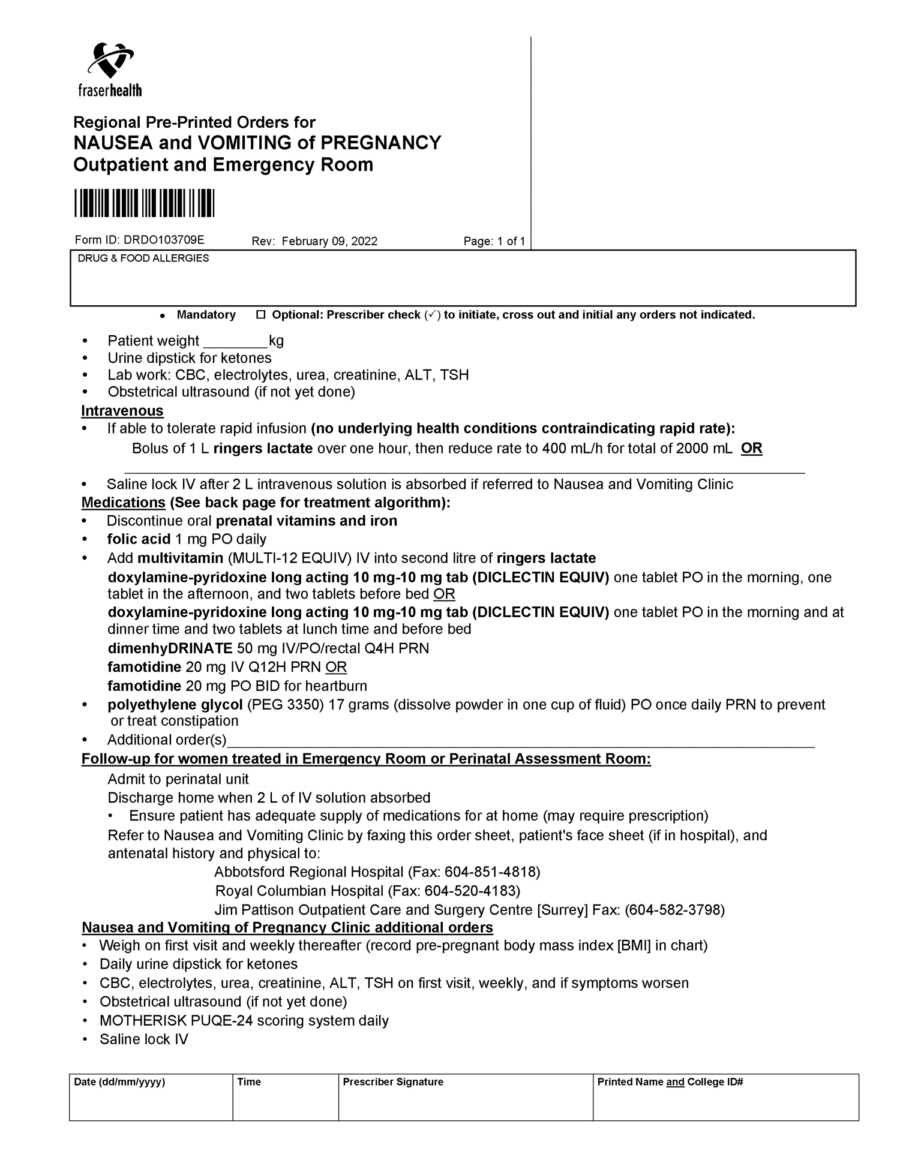 Nausea and Vomiting of Pregnancy Outpatient Orders Fraser Health 2019