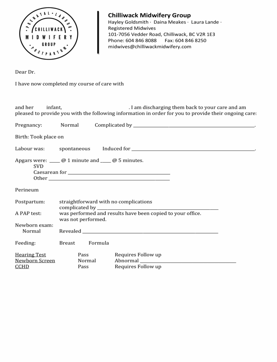 Chilliwack Midwifery Group Discharge letter 2019