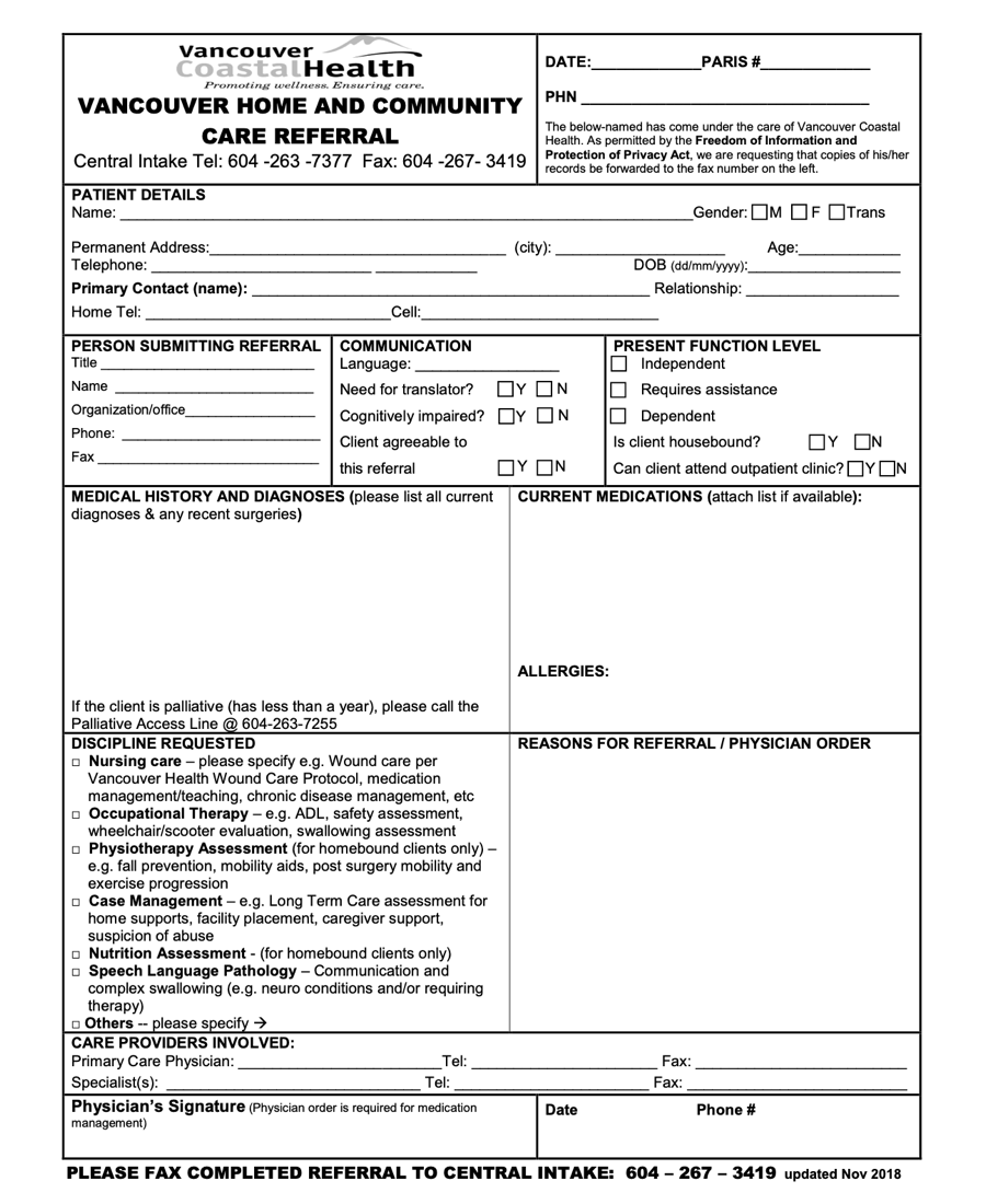 Vancouver Coastal Health Home and Community Care Referral