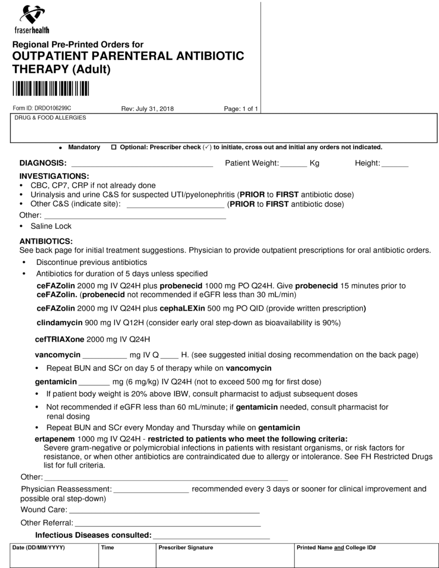 Fraser Health Pre Printed Adult Outpatient Antibiotic Orders 2018