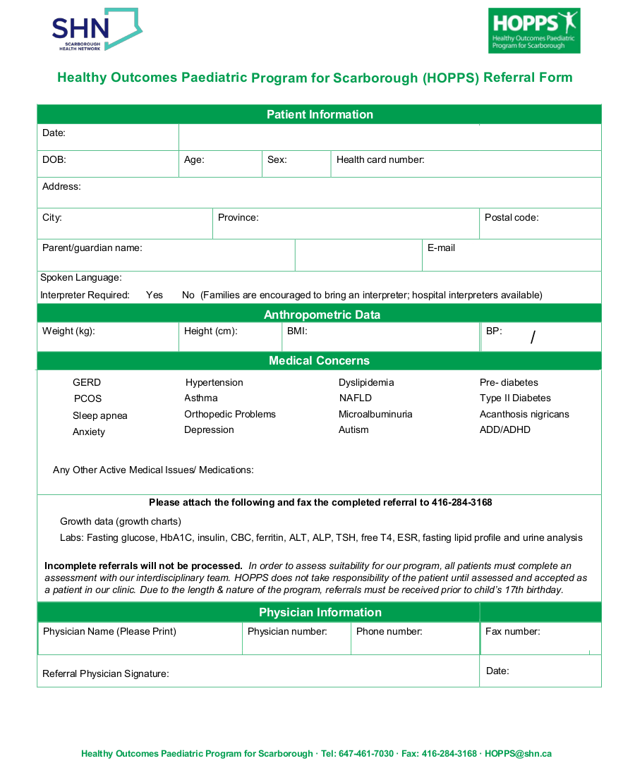 Scarborough Health Network ( SHN ) Healthy Outcomes Pediatric Program for Scarborough ( HOPPS )