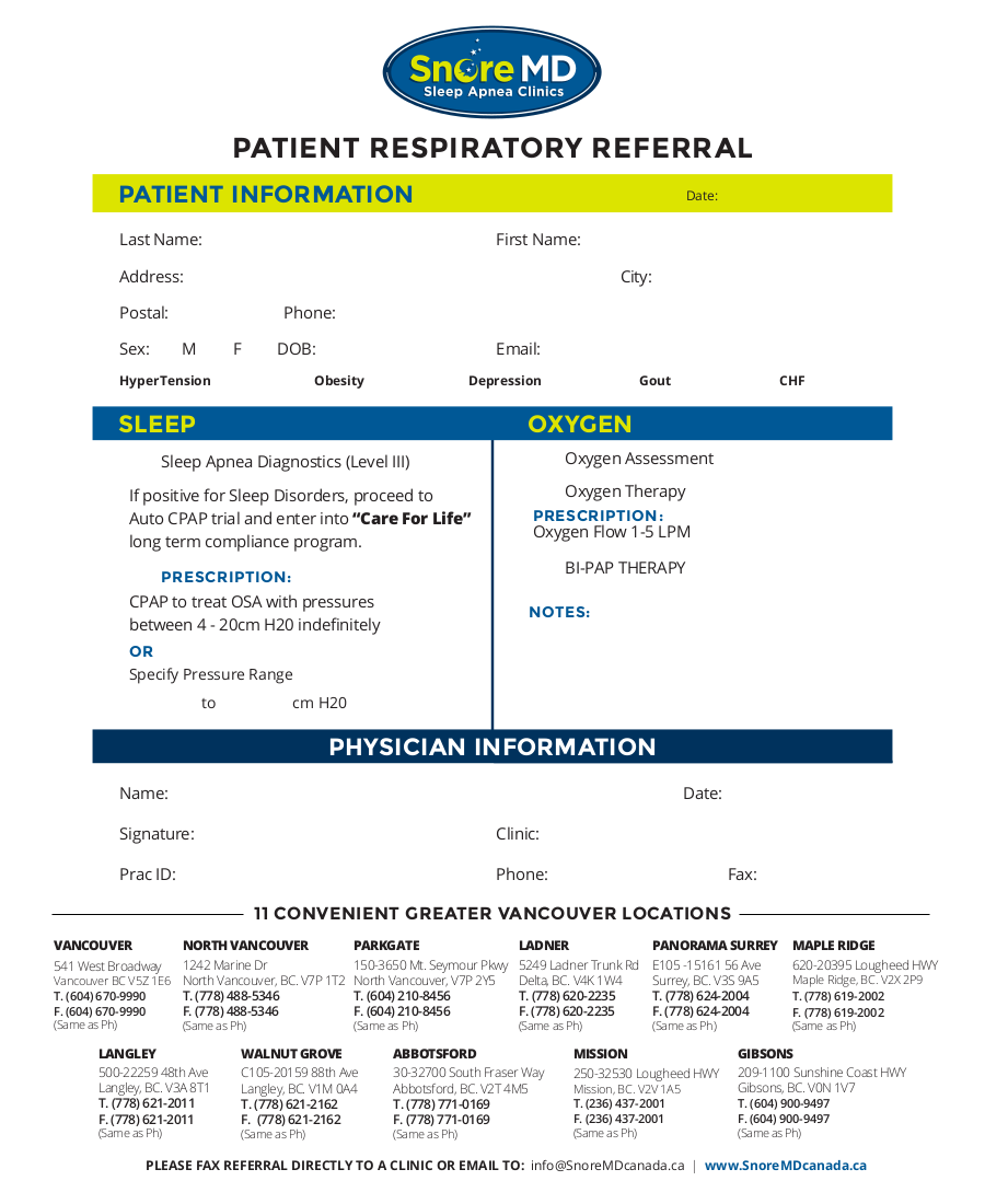 Snore MD Sleep Apnea home oxygen referral eForm 2019
