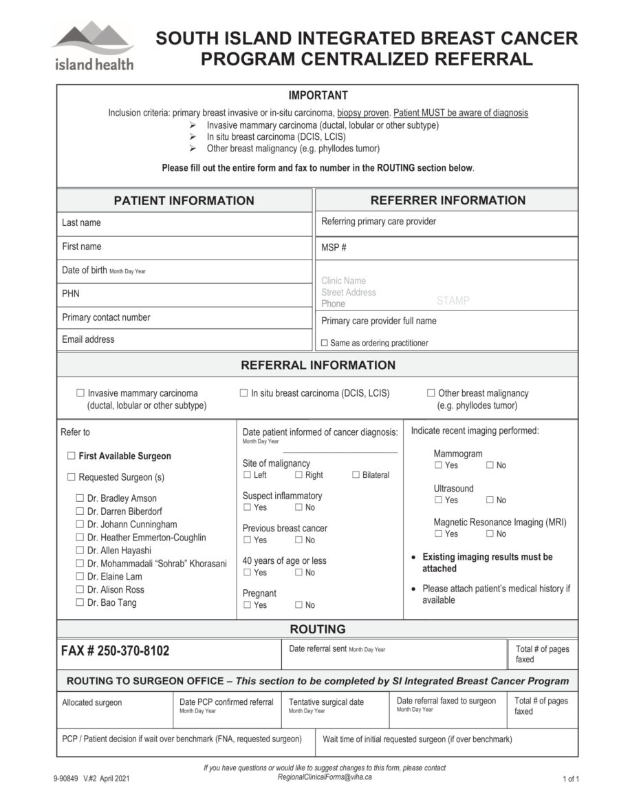 South Island Integrated Breast Cancer Program Centralized Referral (SIIBC) eForm