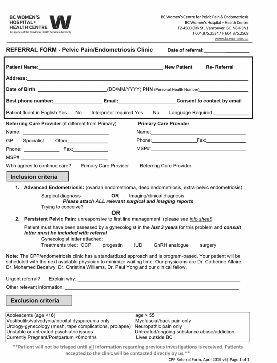 BCWH Pelvic Pain Endometriosis Referral 2019