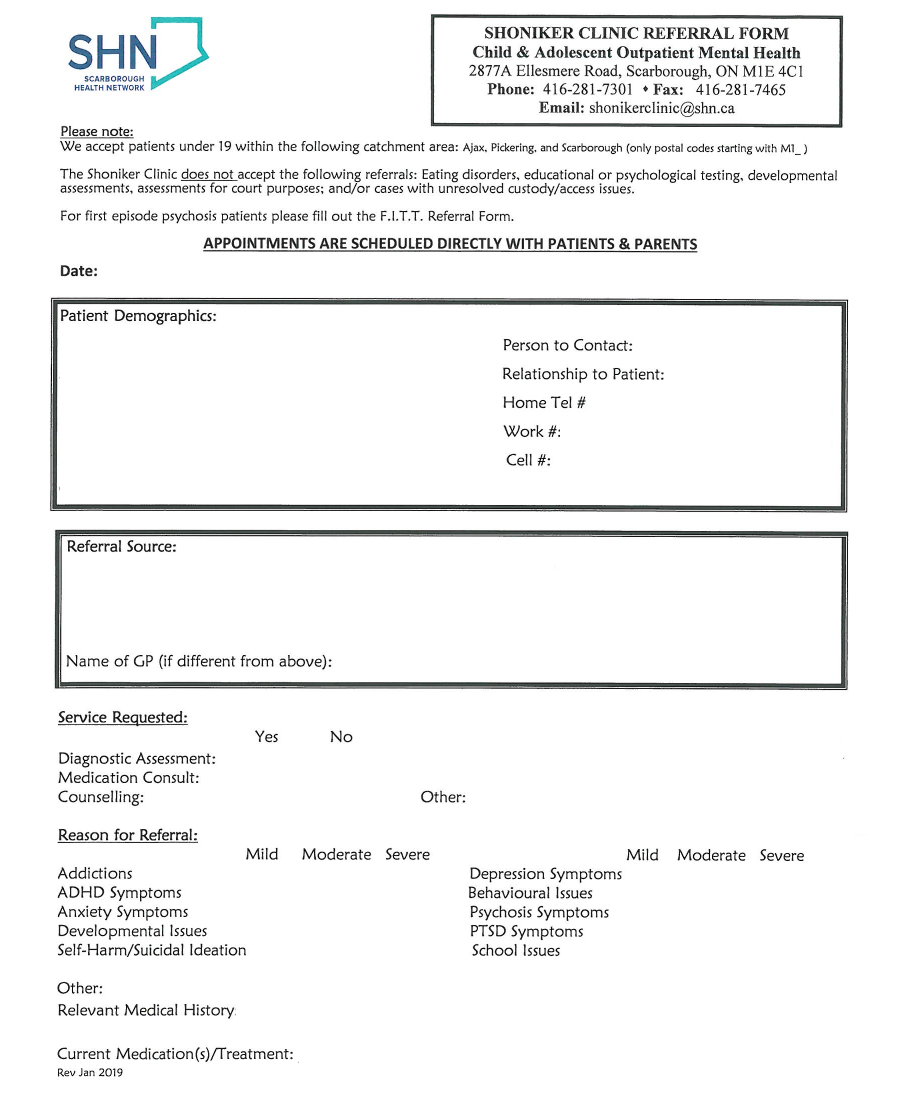 Scarborough Health Network ( SHN ) Shoniker Clinic Referral