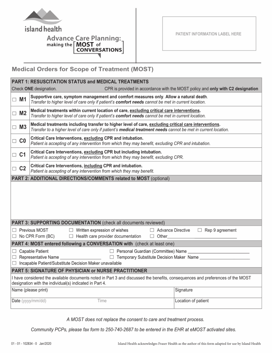 Vancouver Island Health Medical Orders for Scope of Treatment ( MOST ) eForm