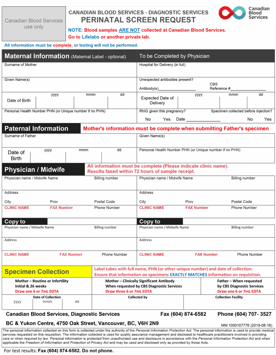 Canadian Blood Services Perinatal Screen Request for BC and Yukon 2019