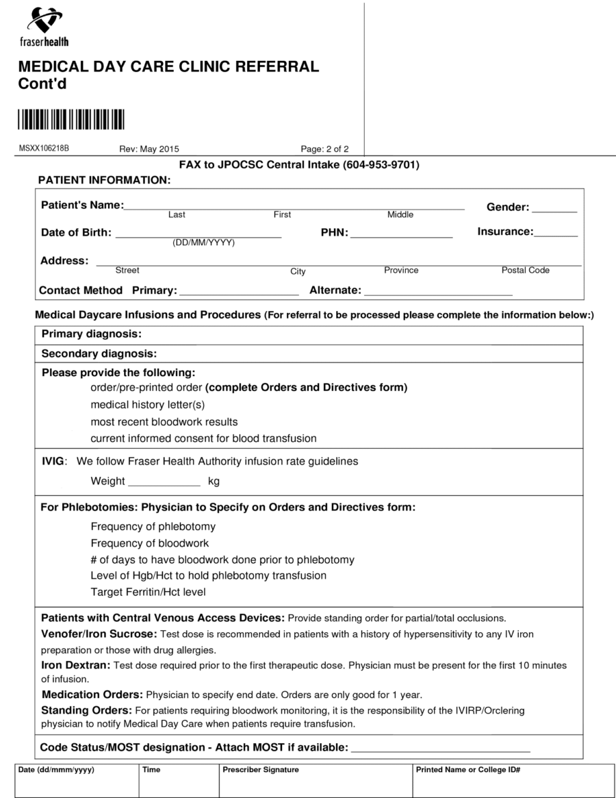 FHA Medical DayCare referral for iron infusion or Phlebotomy